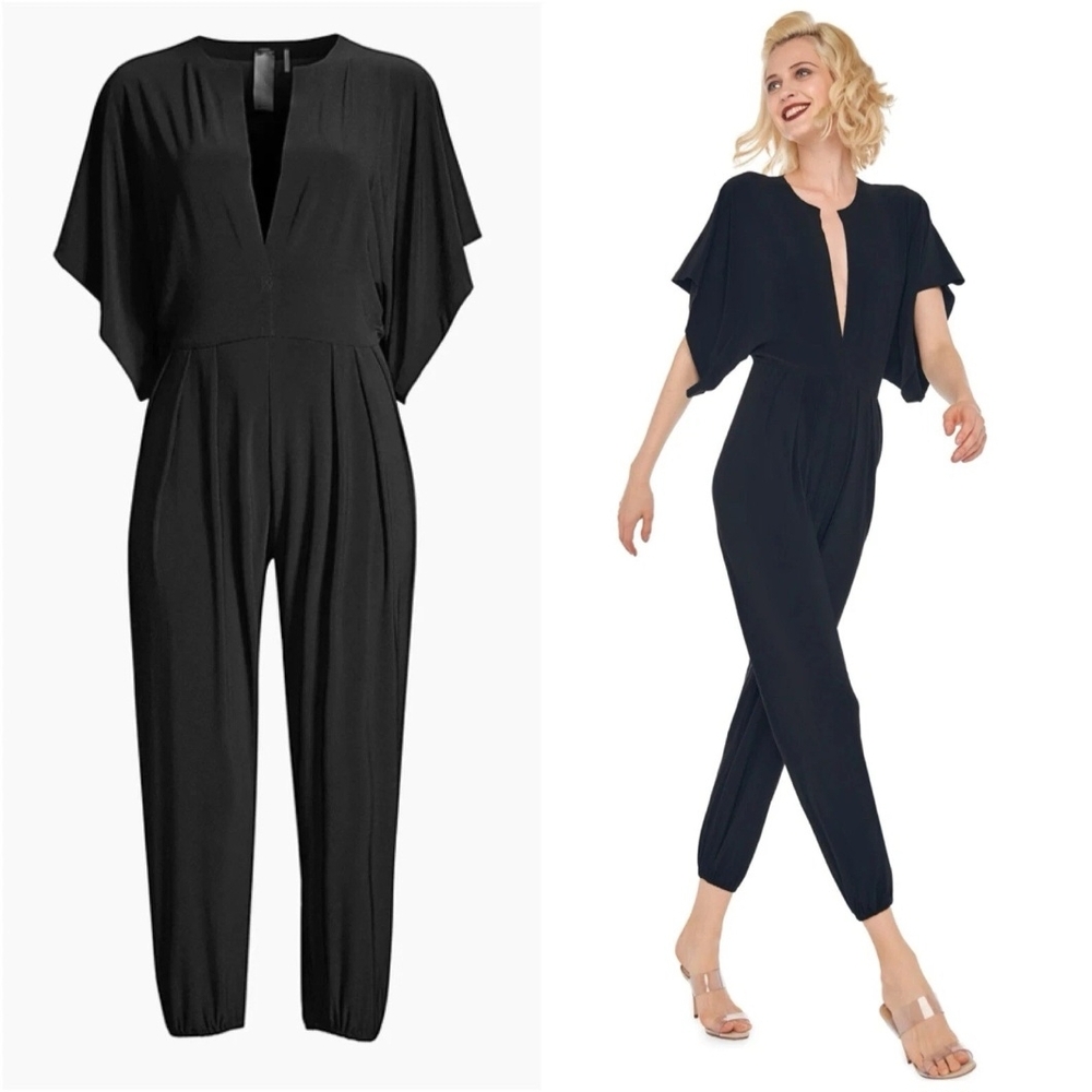 Norma Kamali Black Plunge V-Neck Jogger Jumpsuit - Picture 2 of 7